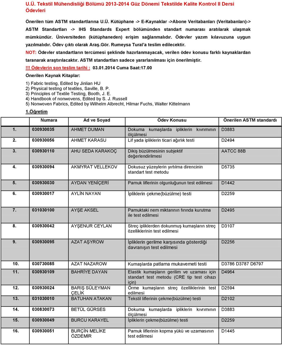 NOT: Ödevler standartların tercümesi şeklinde hazırlanmayacak, verilen ödev konusu farklı kaynaklardan taranarak araştırılacaktır. ASTM standartları sadece yararlanılması için önerilmiştir.