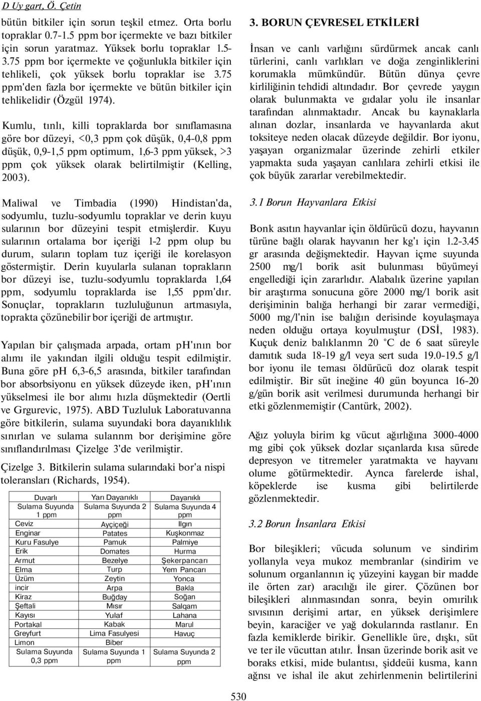 Kumlu, tınlı, killi topraklarda bor sınıflamasına göre bor düzeyi, <0,3 ppm çok düşük, 0,4-0,8 ppm düşük, 0,9-1,5 ppm optimum, 1,6-3 ppm yüksek, >3 ppm çok yüksek olarak belirtilmiştir (Kelling,