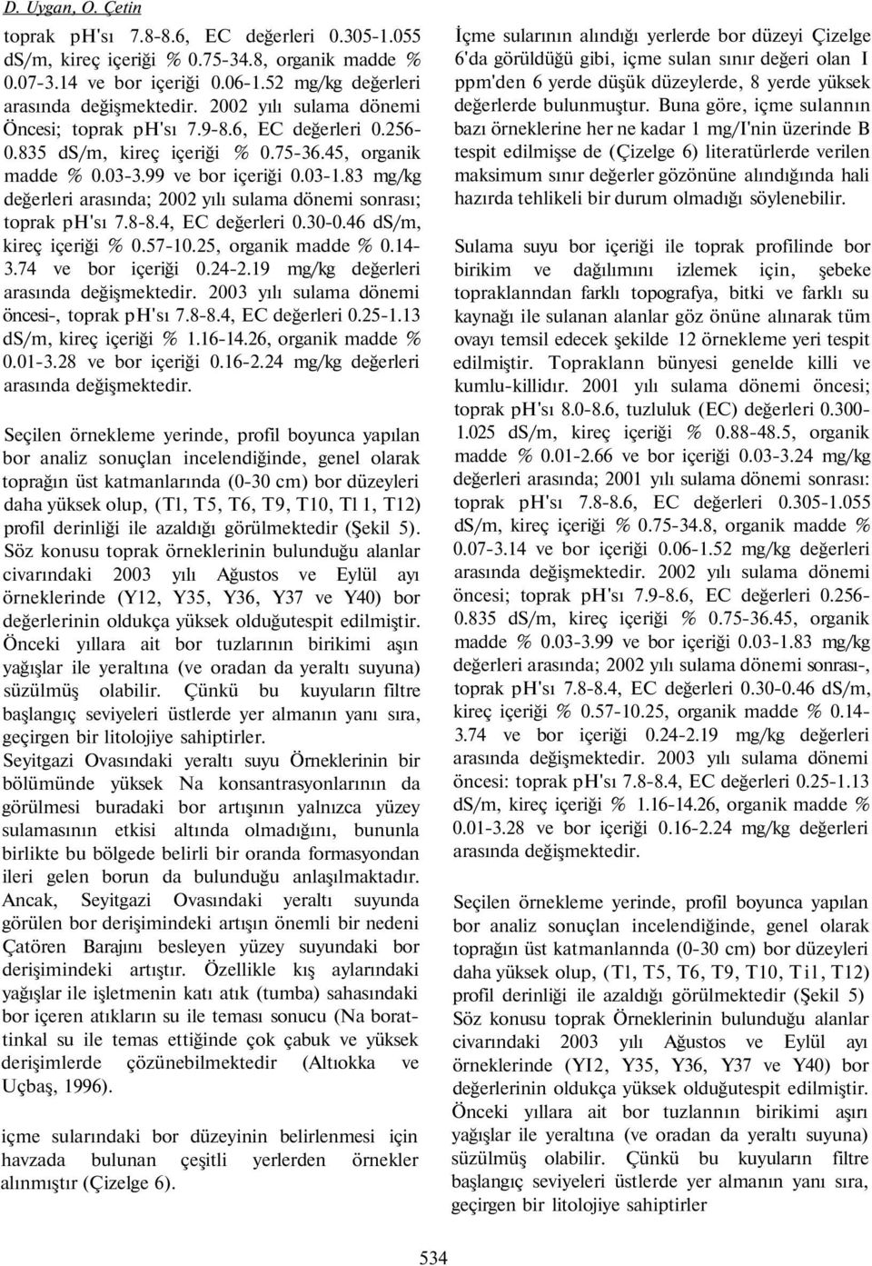 83 mg/kg değerleri arasında; 2002 yılı sulama dönemi sonrası; toprak ph'sı 7.8-8.4, EC değerleri 0.30-0.46 ds/m, kireç içeriği % 0.57-10.25, organik madde % 0.14-3.74 ve bor içeriği 0.24-2.