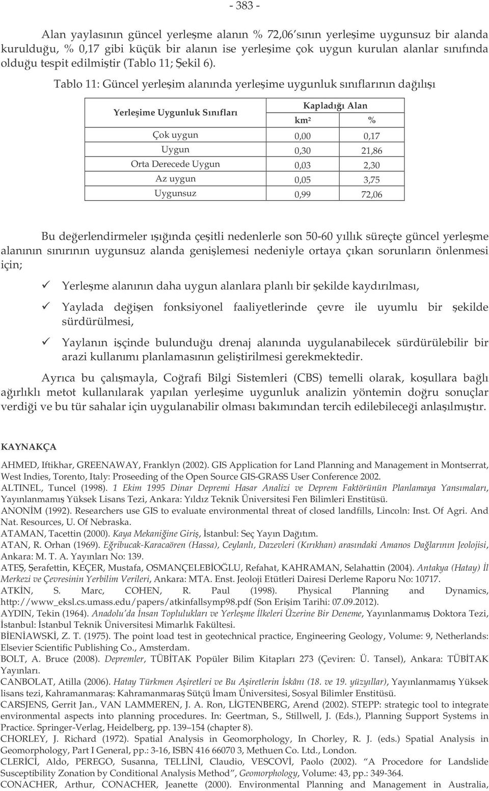 Tablo 11: Güncel yerleim alanında yerleime uygunluk sınıflarının daılıı Yerleime Uygunluk Sınıfları km 2 % Çok uygun 0,00 0,17 Uygun 0,30 21,86 Orta Derecede Uygun 0,03 2,30 Az uygun 0,05 3,75