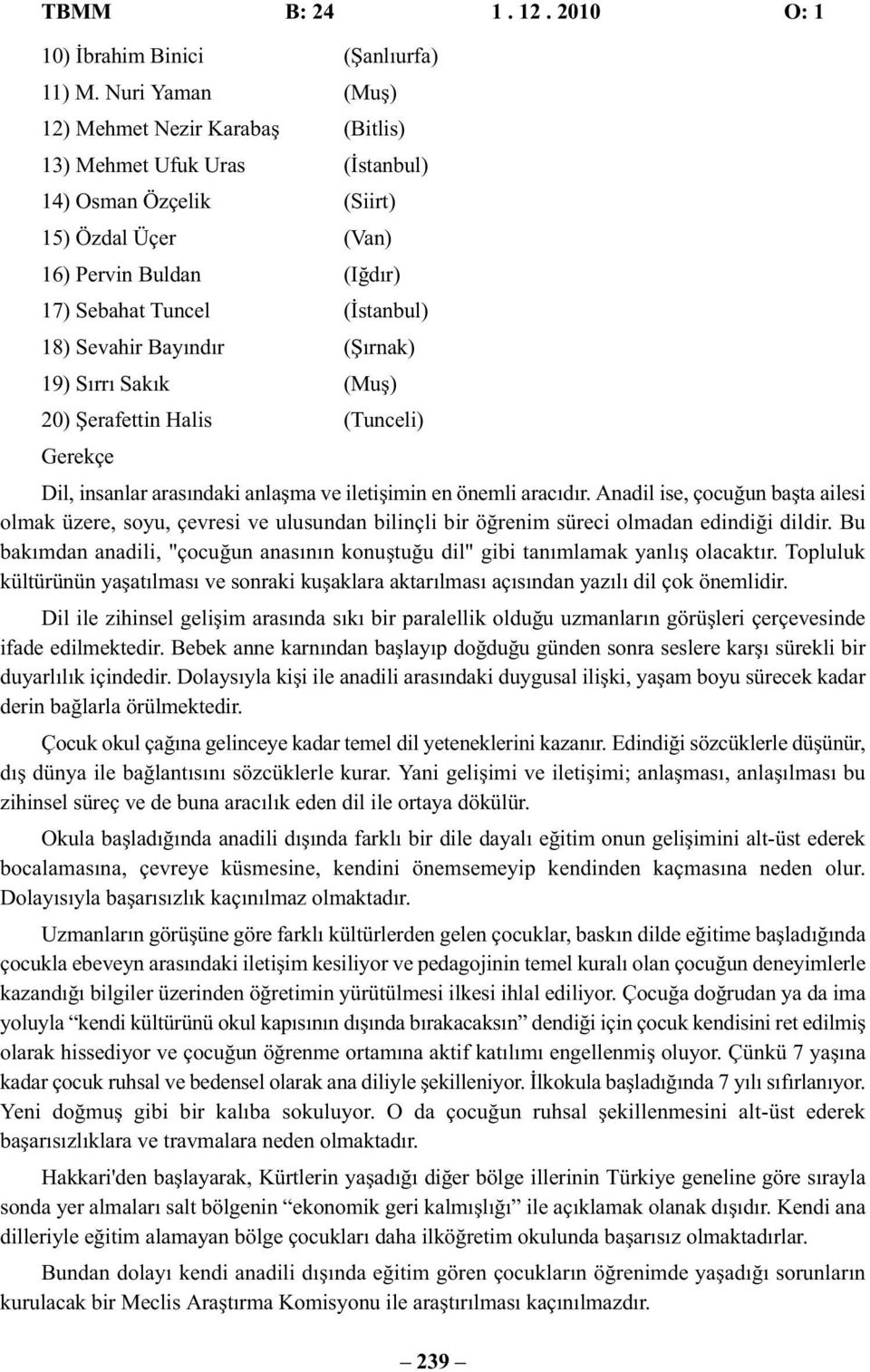 Bayındır (Şırnak) 19) Sırrı Sakık (Muş) 20) Şerafettin Halis (Tunceli) Gerekçe Dil, insanlar arasındaki anlaşma ve iletişimin en önemli aracıdır.