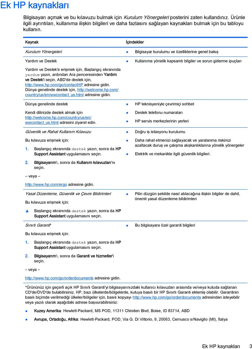 Kaynak İçindekiler Kurulum Yönergeleri Bilgisayar kurulumu ve özelliklerine genel bakış Yardım ve Destek Yardım ve Destek'e erişmek için, Başlangıç ekranında yardım yazın, ardından Ara penceresinden