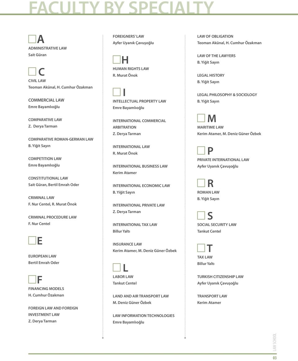 Nur Centel E EUROPEAN LAW Bertil Emrah Oder F FINANCING MODELS H. Cumhur Özakman FOREIGN LAW AND FOREIGN INVESTMENT LAW Z. Derya Tarman FOREIGNERS LAW Ayfer Uyanık Çavuşoğlu H HUMAN RIGHTS LAW R.