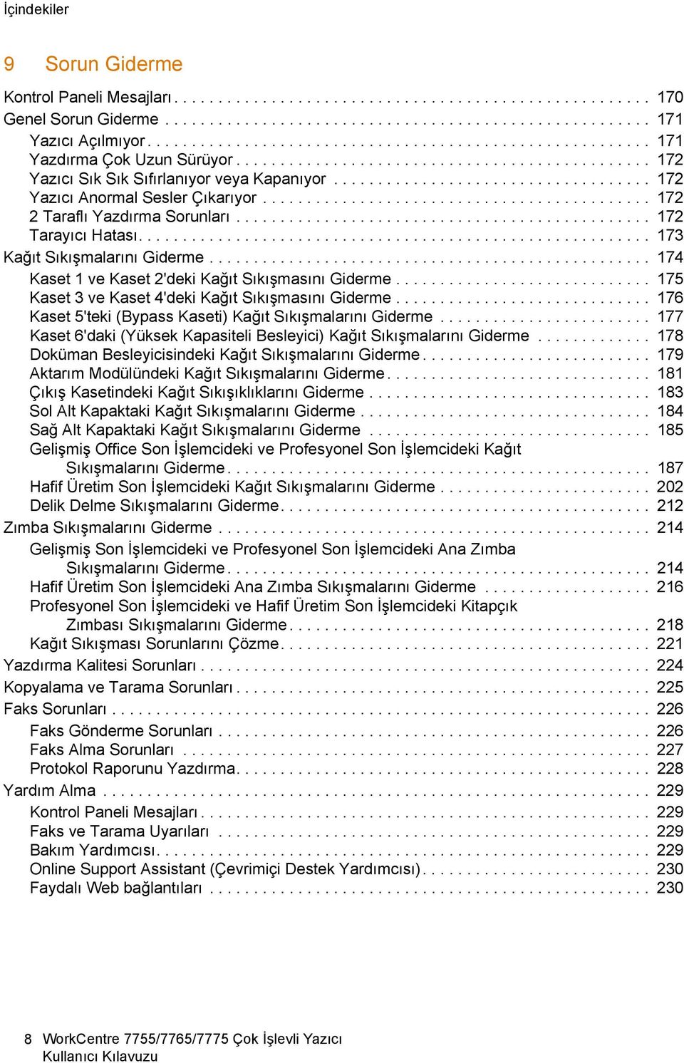 ................................... 172 Yazıcı Anormal Sesler Çıkarıyor............................................ 172 2 Taraflı Yazdırma Sorunları............................................... 172 Tarayıcı Hatası.