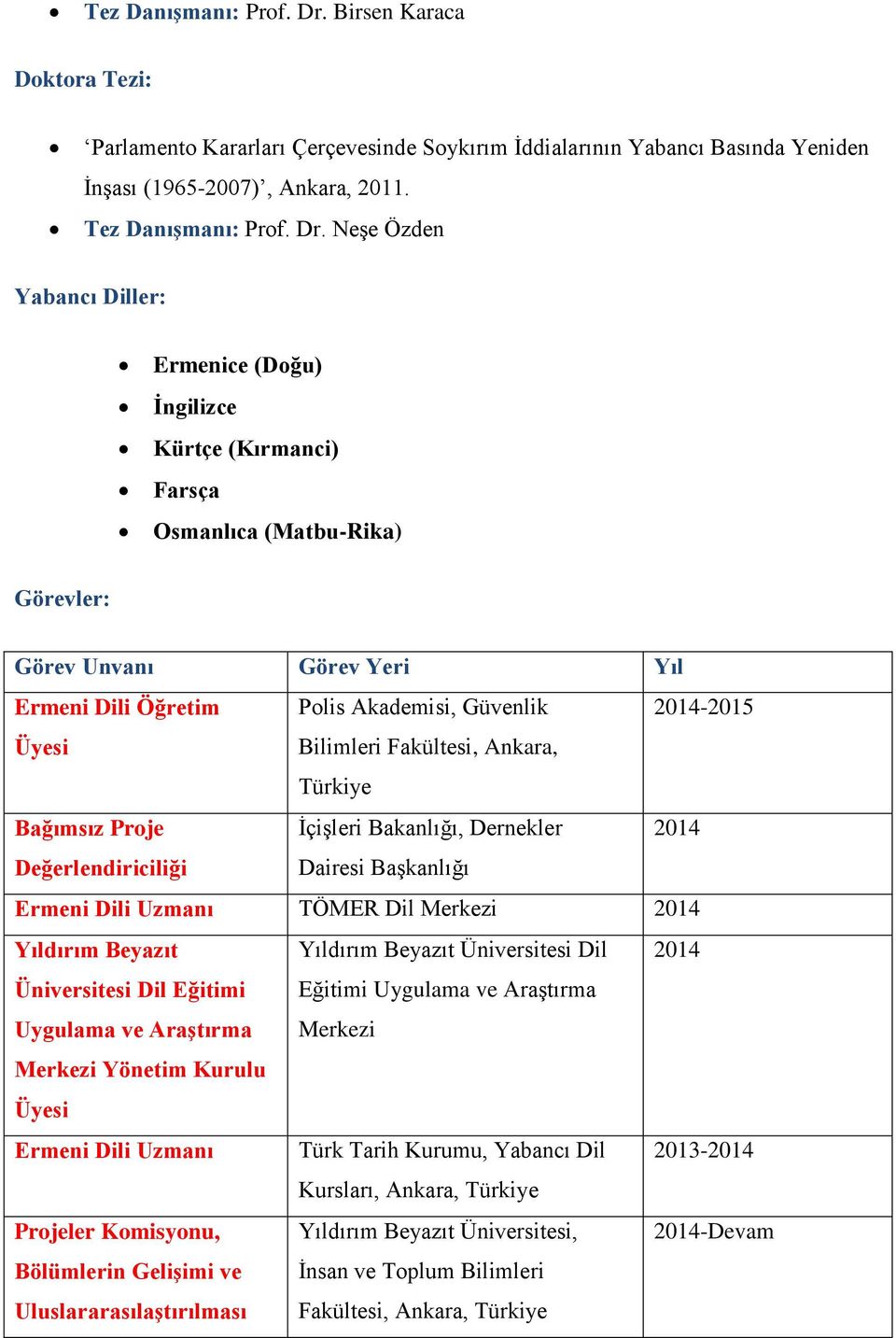 Neşe Özden Yabancı Diller: Ermenice (Doğu) İngilizce Kürtçe (Kırmanci) Farsça Osmanlıca (Matbu-Rika) Görevler: Görev Unvanı Görev Yeri Yıl Ermeni Dili Öğretim Polis Akademisi, Güvenlik 2014-2015