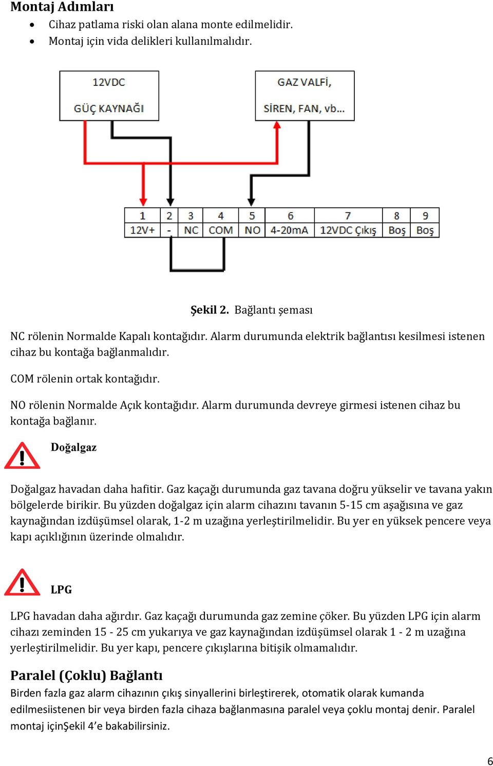 Alarm durumunda devreye girmesi istenen cihaz bu kontağa bağlanır. Doğalgaz Doğalgaz havadan daha hafitir. Gaz kaçağı durumunda gaz tavana doğru yükselir ve tavana yakın bölgelerde birikir.