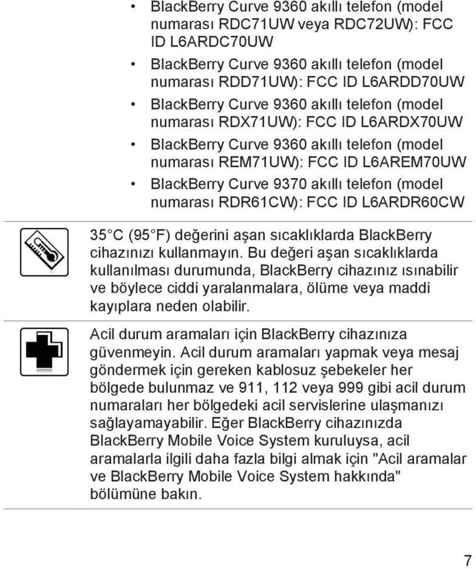 RDR61CW): FCC ID L6ARDR60CW 35 C (95 F) değerini aşan sıcaklıklarda BlackBerry cihazınızı kullanmayın.