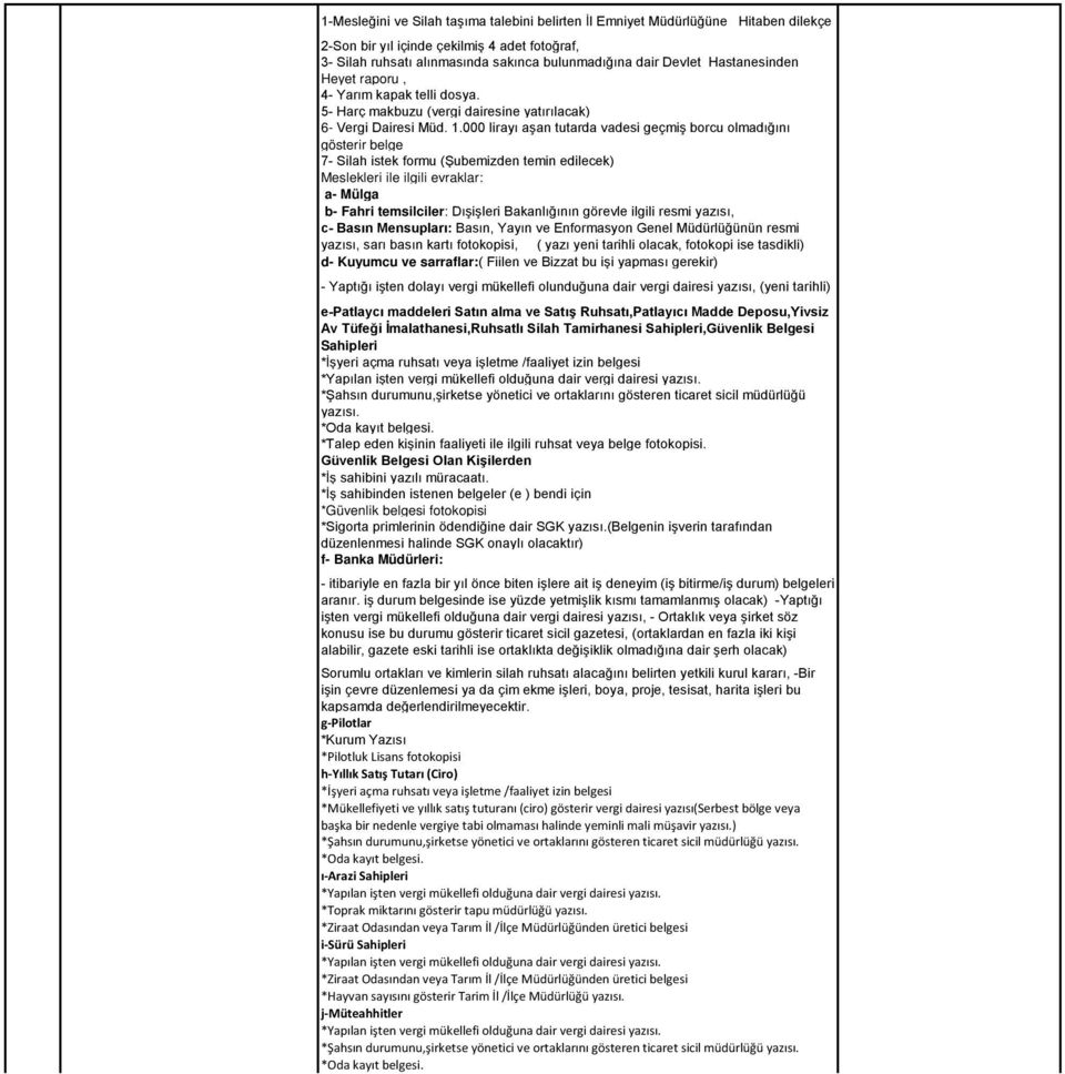 000 lirayı aşan tutarda vadesi geçmiş borcu olmadığını 7- Silah istek formu (Şubemizden temin edilecek) Meslekleri ile ilgili evraklar: a- Mülga b- Fahri temsilciler: Dışişleri Bakanlığının görevle