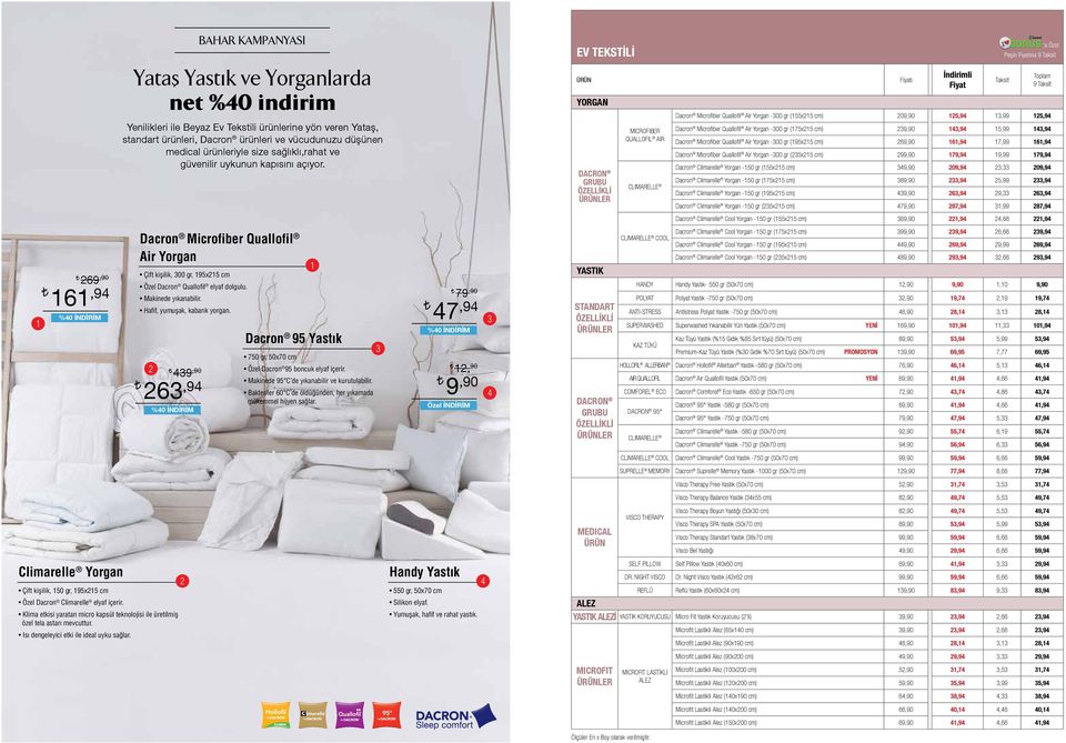 Climarelle Yorgan 439,90 263,94 %40 Çift kişilik, 150 gr, 195x215 cm Özel Dacron Climarelle elyaf içerir. Klima etkisi yaratan micro kapsül teknolojisi ile üretilmiş özel tela astarı mevcuttur.