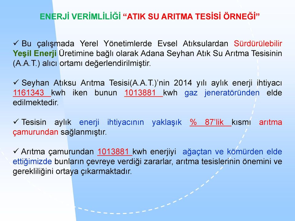 Tesisin aylık enerji ihtiyacının yaklaşık % 87 lik kısmı arıtma çamurundan sağlanmıştır.