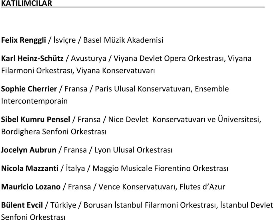 Konservatuvarı ve Üniversitesi, Bordighera Senfoni Orkestrası Jocelyn Aubrun / Fransa / Lyon Ulusal Orkestrası Nicola Mazzanti / İtalya / Maggio Musicale