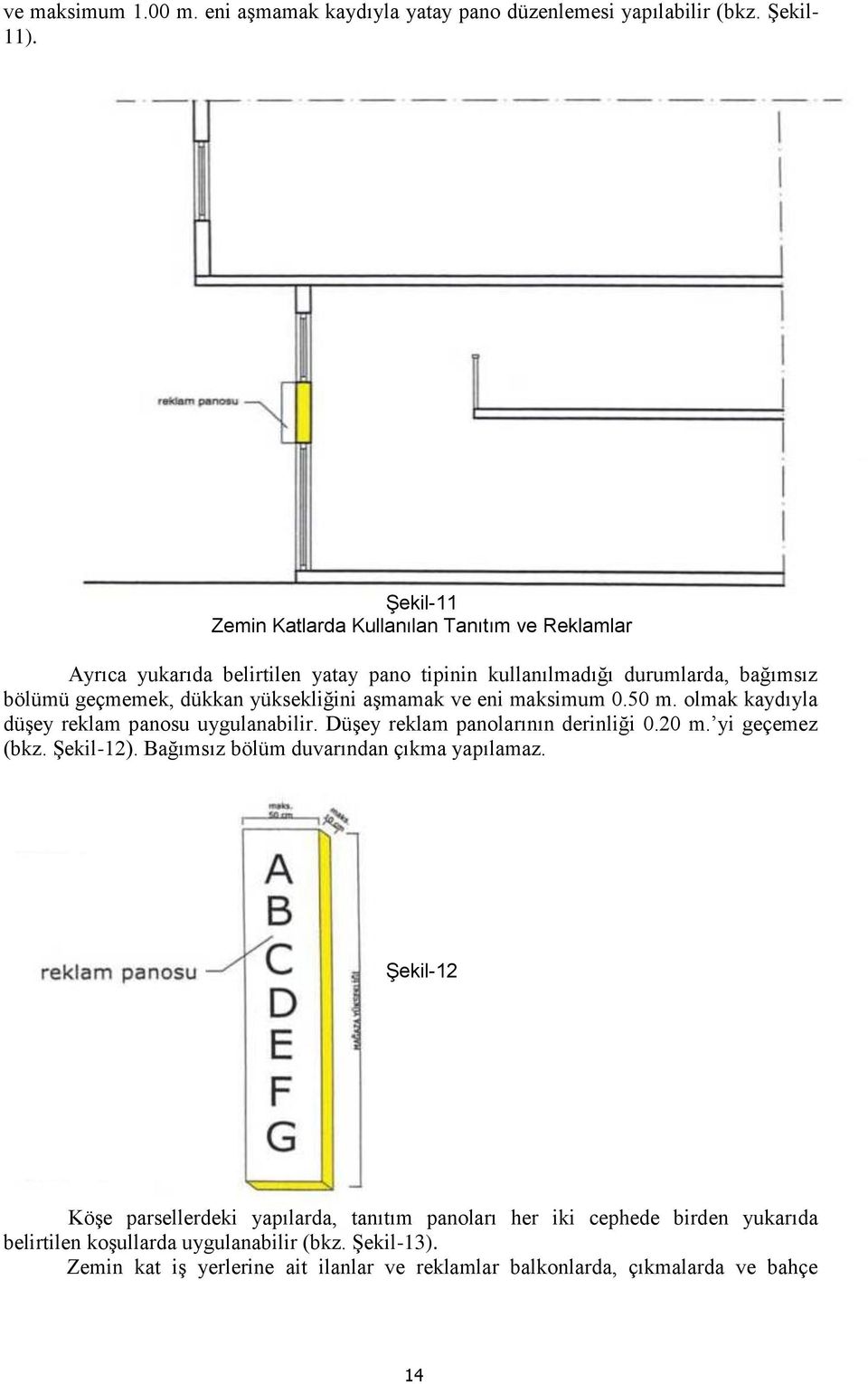 yüksekliğini aşmamak ve eni maksimum 0.50 m. olmak kaydıyla düşey reklam panosu uygulanabilir. Düşey reklam panolarının derinliği 0.20 m. yi geçemez (bkz. Şekil-12).