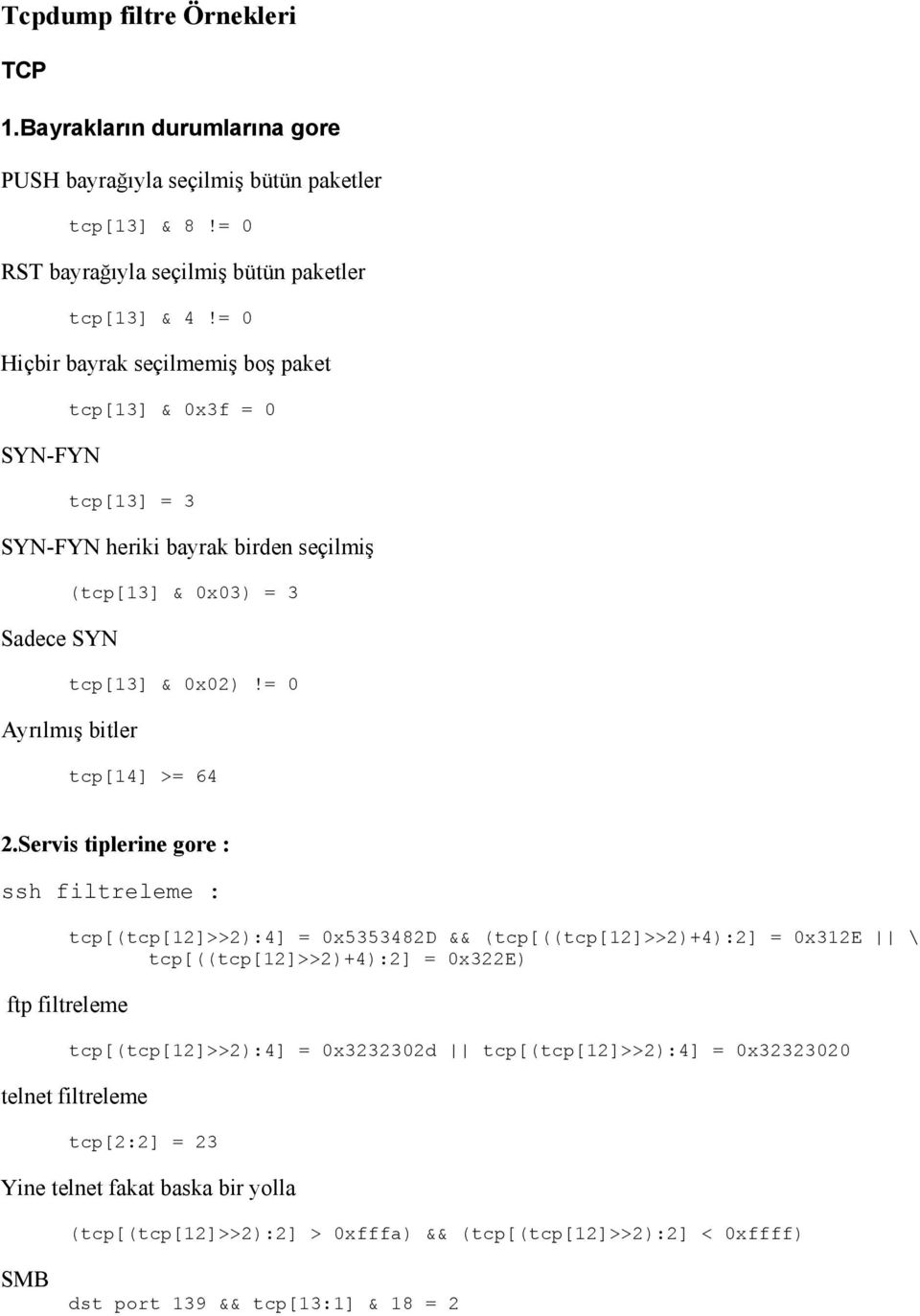 = 0 Ayrılmış bitler tcp[14] >= 64 2.