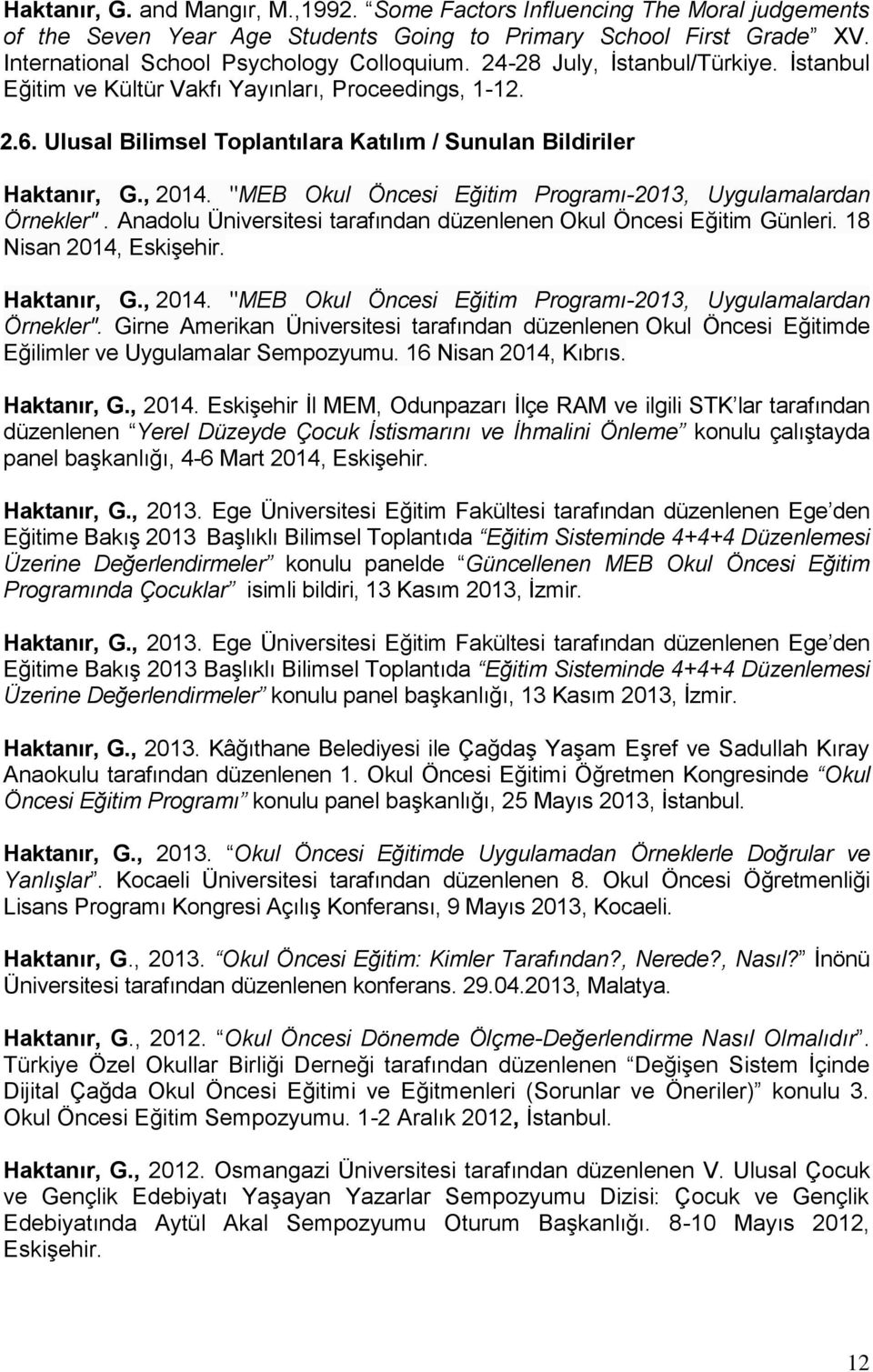 "MEB Okul Öncesi Eğitim Programı-2013, Uygulamalardan Örnekler". Anadolu Üniversitesi tarafından düzenlenen Okul Öncesi Eğitim Günleri. 18 Nisan 2014, Eskişehir. Haktanır, G., 2014.
