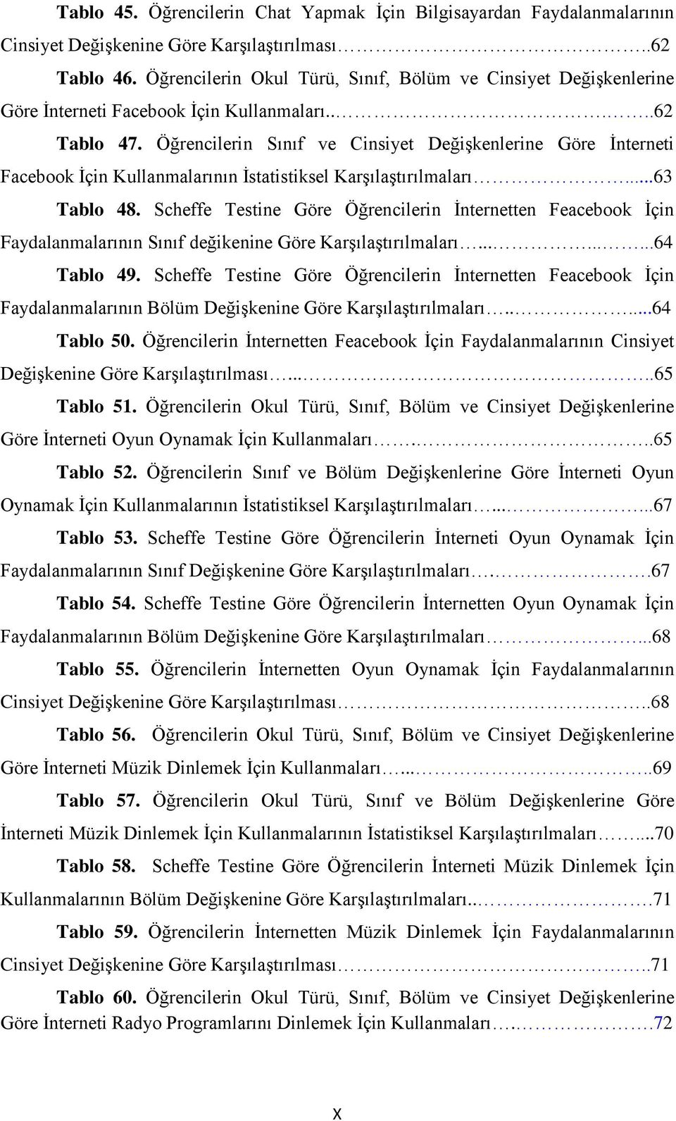 Öğrencilerin Sınıf ve Cinsiyet Değişkenlerine Göre İnterneti Facebook İçin Kullanmalarının İstatistiksel Karşılaştırılmaları...63 Tablo 48.