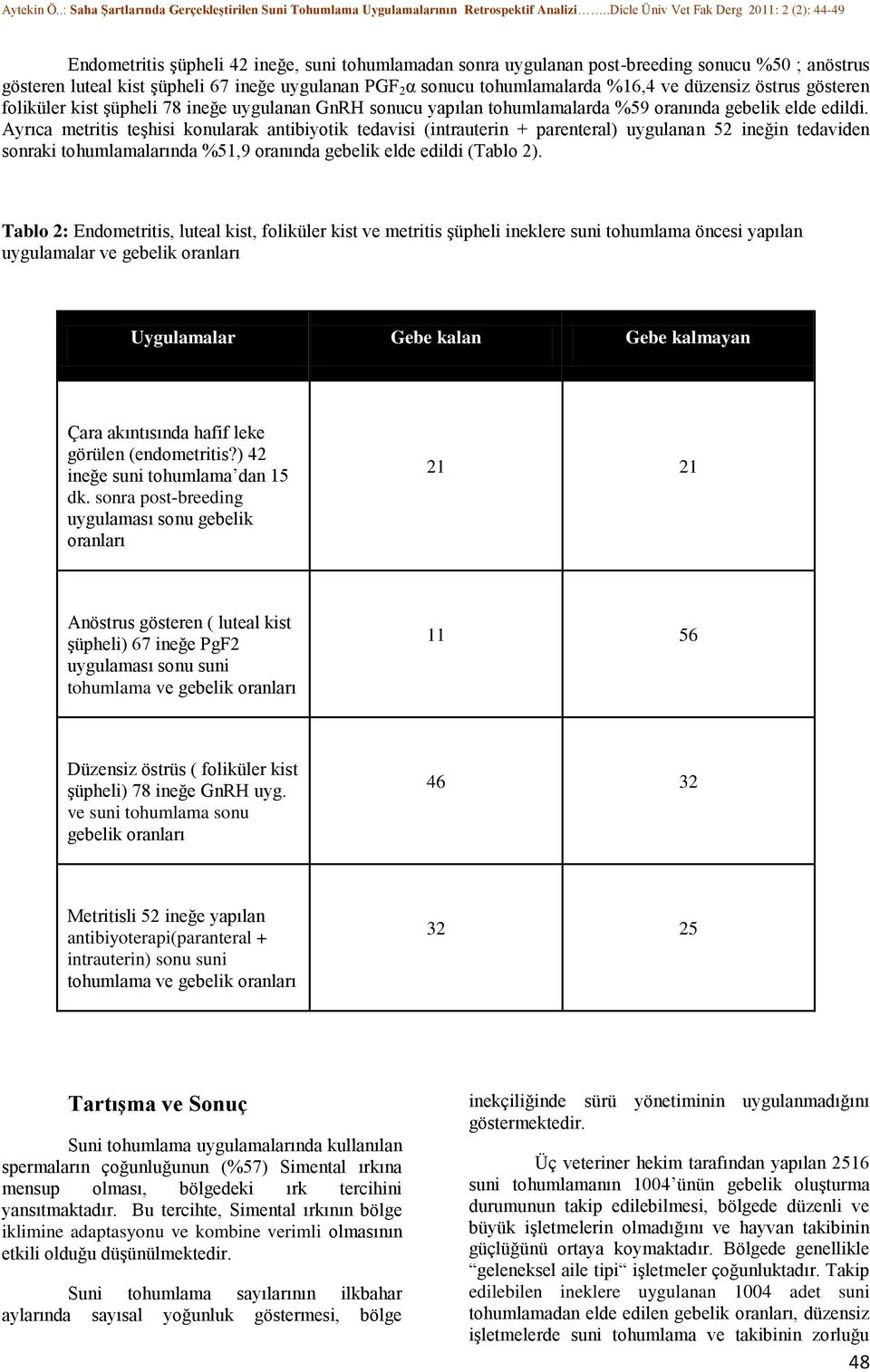 Ayrıca metritis teşhisi konularak antibiyotik tedavisi (intrauterin + parenteral) uygulanan 52 ineğin tedaviden sonraki tohumlamalarında %51,9 oranında gebelik elde edildi (Tablo 2).