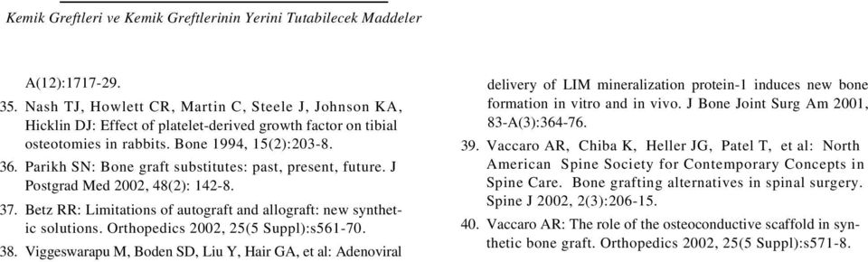 Parikh SN: Bone graft substitutes: past, present, future. J Postgrad Med 00, 48(): 14-8. 37. Betz RR: Limitations of autograft and allograft: new synthetic solutions.