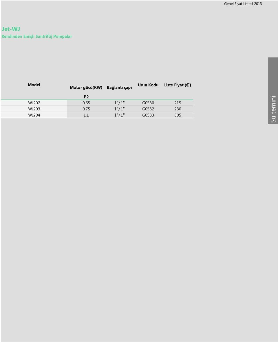 Fiyatı( ) P2 WJ202 0,65 1"/1" G0580 215 WJ203