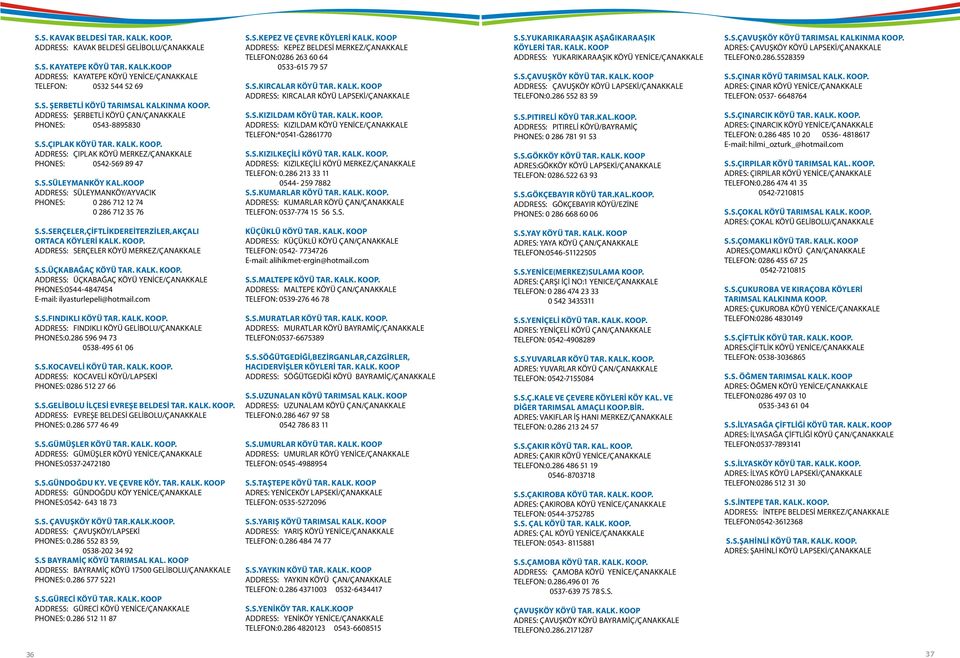 KOOP ADDRESS: SÜLEYMANKÖY/AYVACIK PHONES: 0 286 712 12 74 0 286 712 35 76 S.S.SERÇELER,ÇİFTLİKDEREİTERZİLER,AKÇALI ORTACA KÖYLERİ KALK. KOOP. ADDRESS: SERÇELER KÖYÜ MERKEZ/ÇANAKKALE S.S.ÜÇKABAĞAÇ KÖYÜ TAR.
