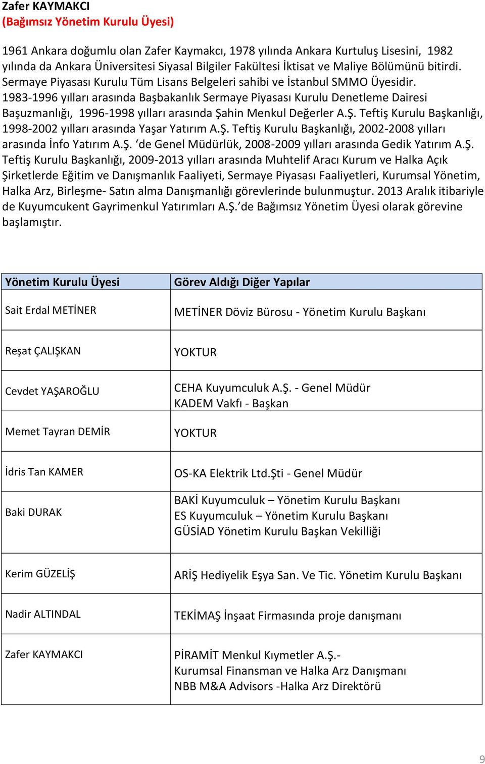 1983-1996 yılları arasında Başbakanlık Sermaye Piyasası Kurulu Denetleme Dairesi Başuzmanlığı, 1996-1998 yılları arasında Şahin Menkul Değerler A.Ş. Teftiş Kurulu Başkanlığı, 1998-2002 yılları arasında Yaşar Yatırım A.