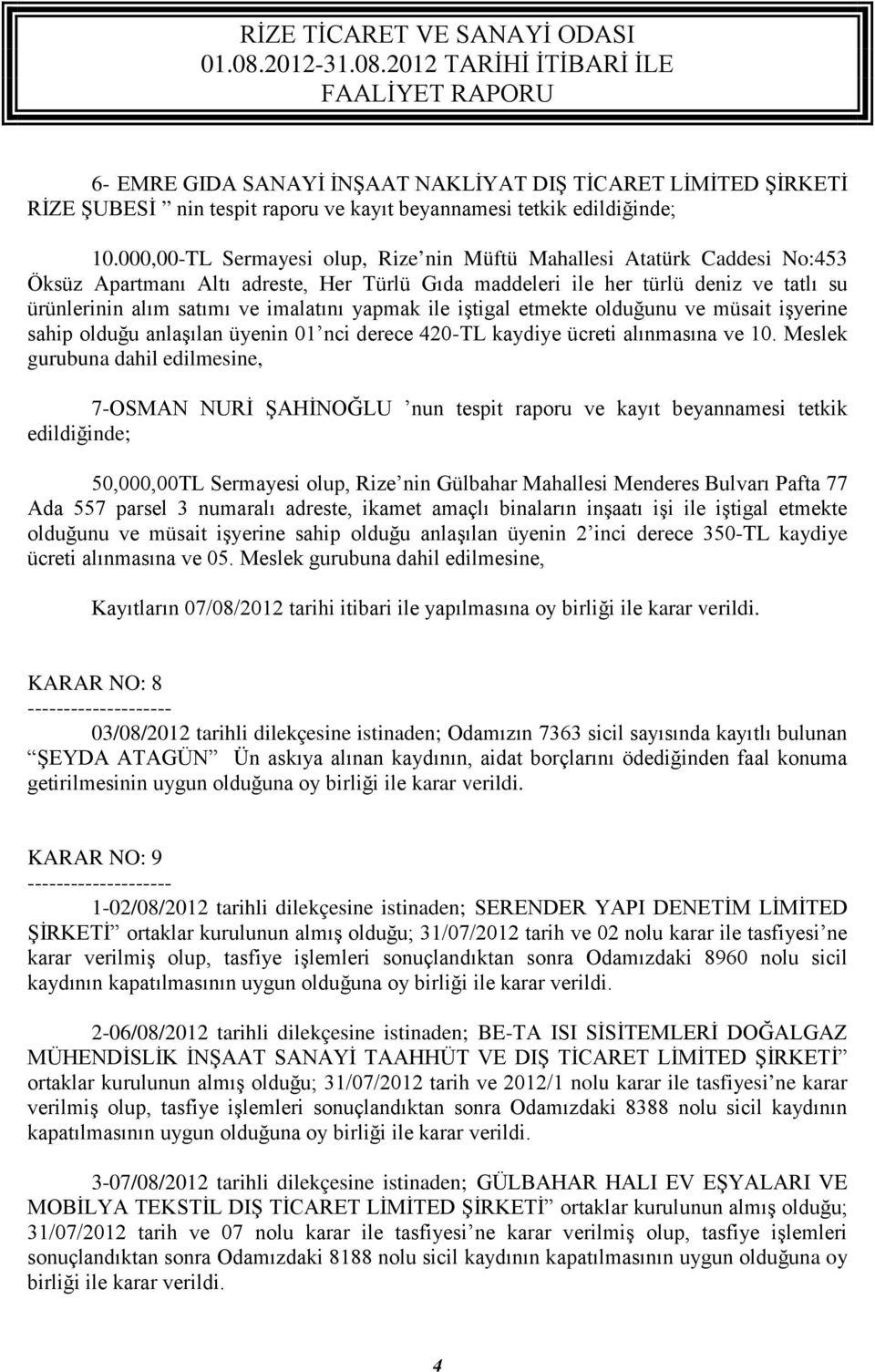 yapmak ile iştigal etmekte olduğunu ve müsait işyerine sahip olduğu anlaşılan üyenin 01 nci derece 420-TL kaydiye ücreti alınmasına ve 10.