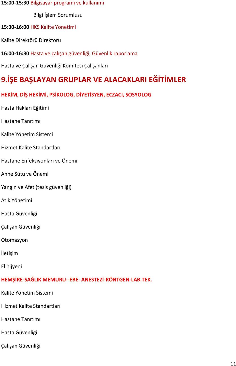 İŞE BAŞLAYAN GRUPLAR VE ALACAKLARI EĞİTİMLER HEKİM, DİŞ HEKİMİ, PSİKOLOG, DİYETİSYEN, ECZACI, SOSYOLOG Hasta Hakları Eğitimi Hastane Tanıtımı Kalite Yönetim Sistemi Hizmet Kalite