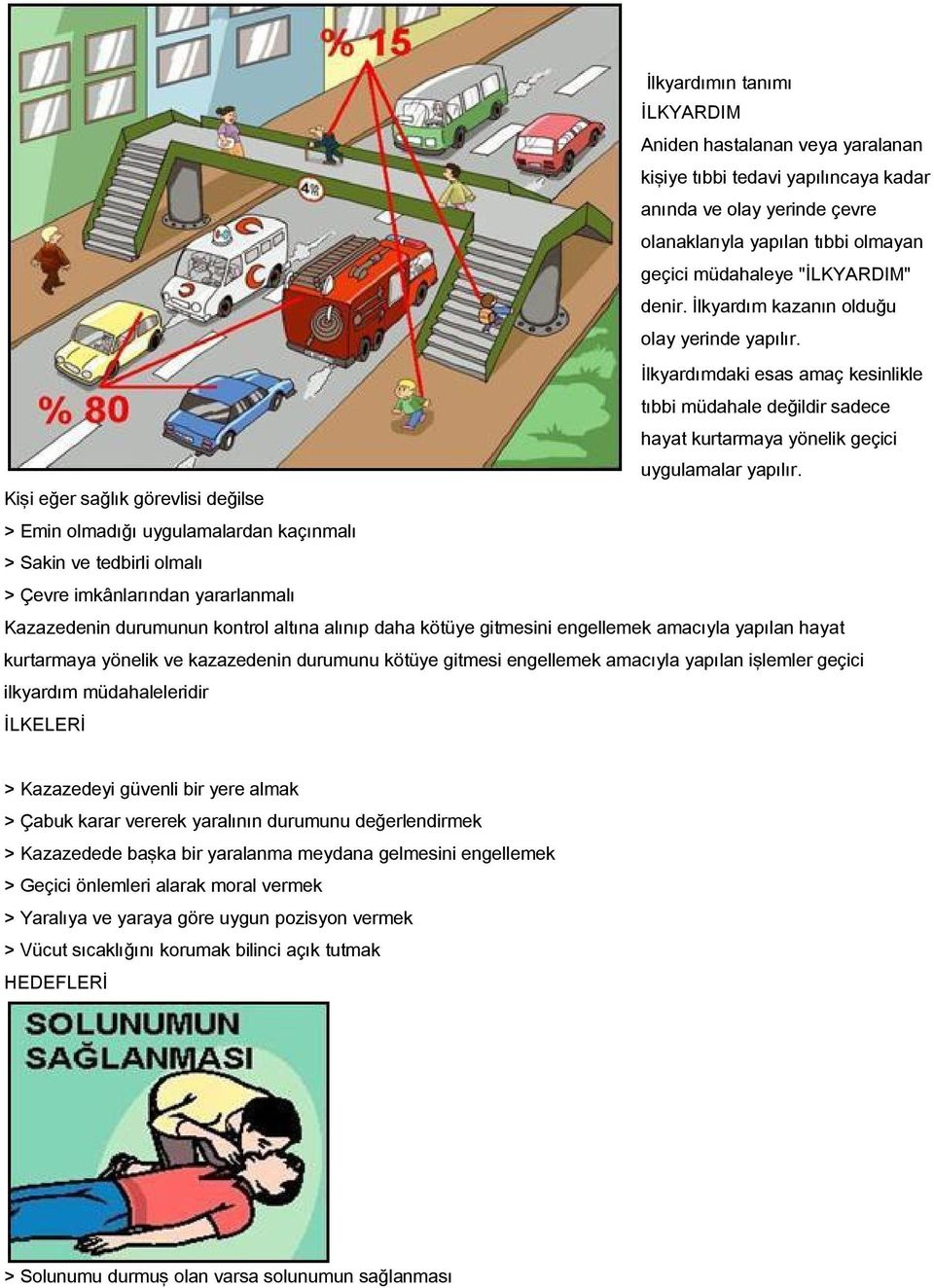 Kişi eğer sağlık görevlisi değilse > Emin olmadığı uygulamalardan kaçınmalı > Sakin ve tedbirli olmalı > Çevre imkânlarından yararlanmalı Kazazedenin durumunun kontrol altına alınıp daha kötüye