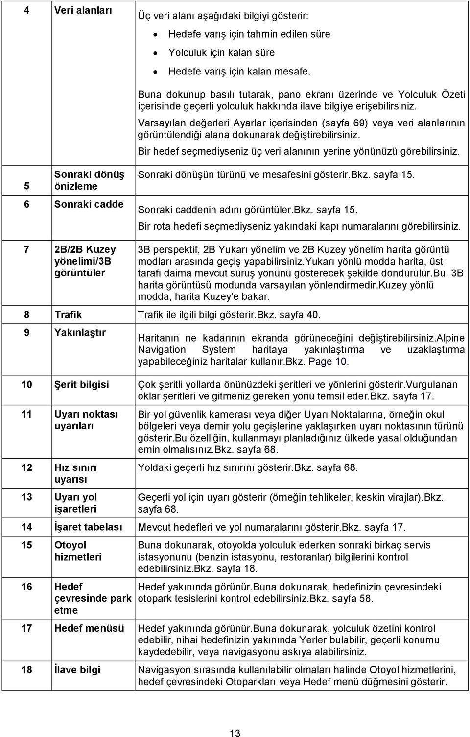 Varsayılan değerleri Ayarlar içerisinden (sayfa 69) veya veri alanlarının görüntülendiği alana dokunarak değiştirebilirsiniz. Bir hedef seçmediyseniz üç veri alanının yerine yönünüzü görebilirsiniz.