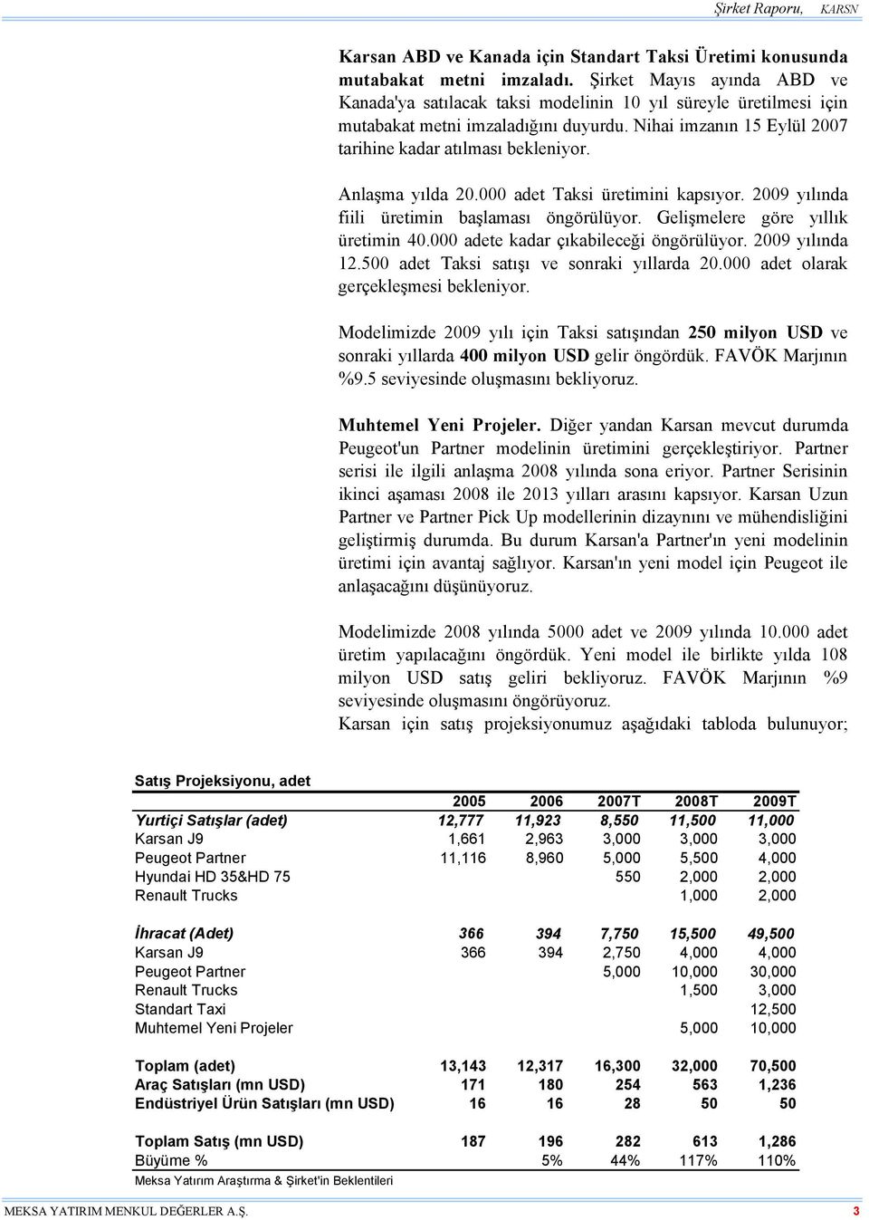 Anlaşma yılda 20.000 adet Taksi üretimini kapsıyor. 2009 yılında fiili üretimin başlaması öngörülüyor. Gelişmelere göre yıllık üretimin 40.000 adete kadar çıkabileceği öngörülüyor. 2009 yılında 12.