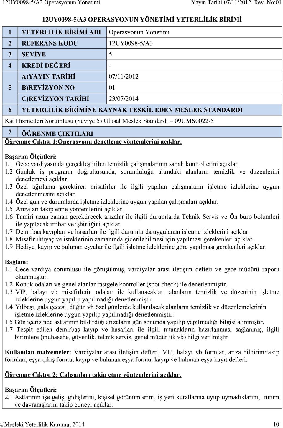 09UMS0022-5 7 ÖĞRENME ÇIKTILARI Öğrenme Çıktısı 1:Operasyonu denetleme yöntemlerini 1.1 Gece vardiyasında gerçekleştirilen temizlik çalışmalarının sabah kontrollerini 1.