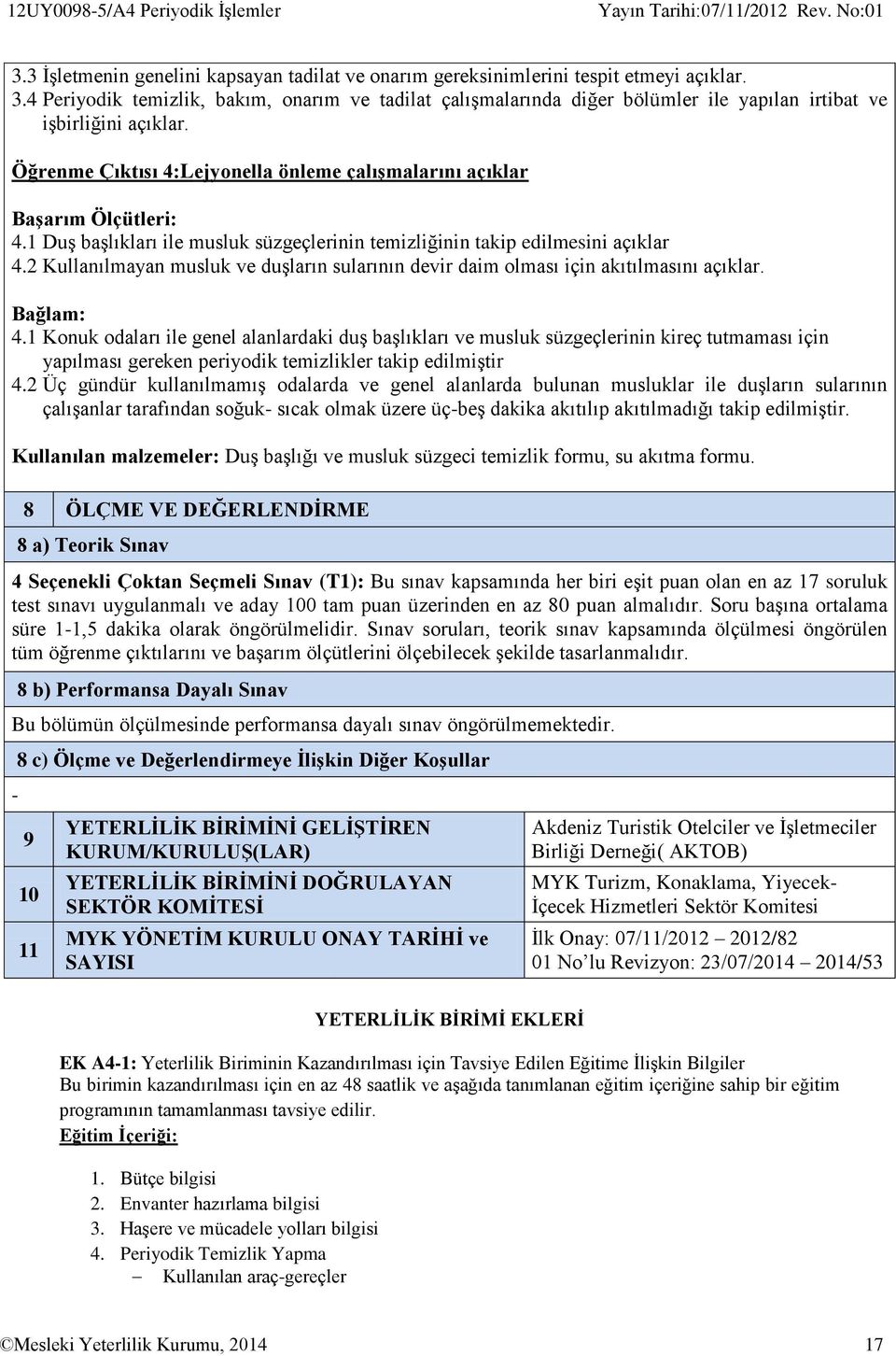 1 Duş başlıkları ile musluk süzgeçlerinin temizliğinin takip edilmesini açıklar 4.2 Kullanılmayan musluk ve duşların sularının devir daim olması için akıtılmasını Bağlam: 4.