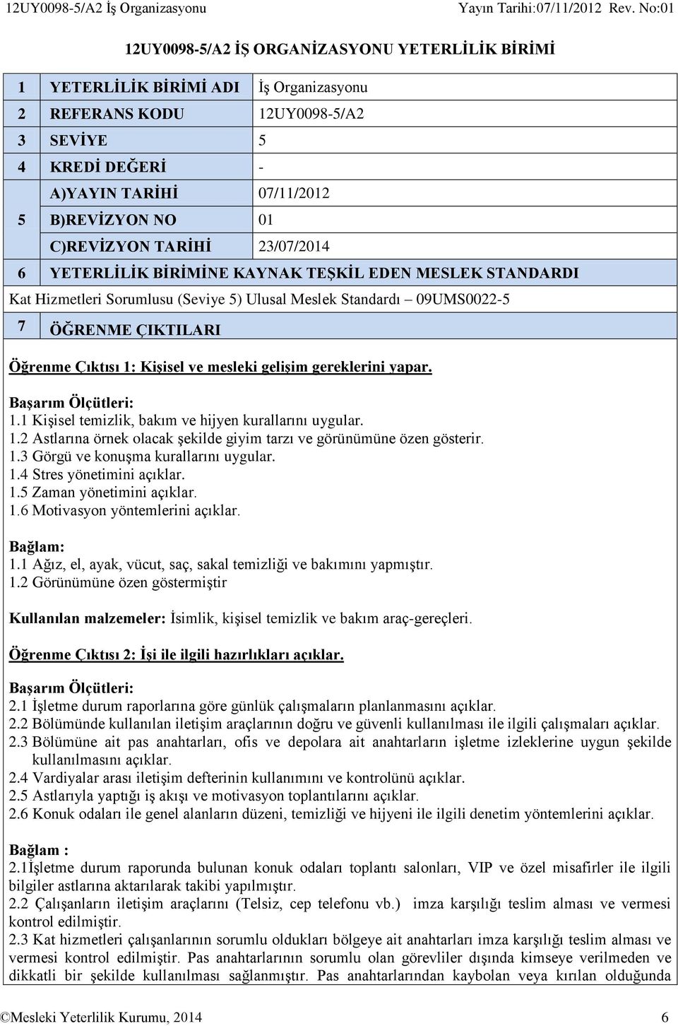 ÇIKTILARI Öğrenme Çıktısı 1: Kişisel ve mesleki gelişim gereklerini yapar. 1.1 Kişisel temizlik, bakım ve hijyen kurallarını uygular. 1.2 Astlarına örnek olacak şekilde giyim tarzı ve görünümüne özen gösterir.