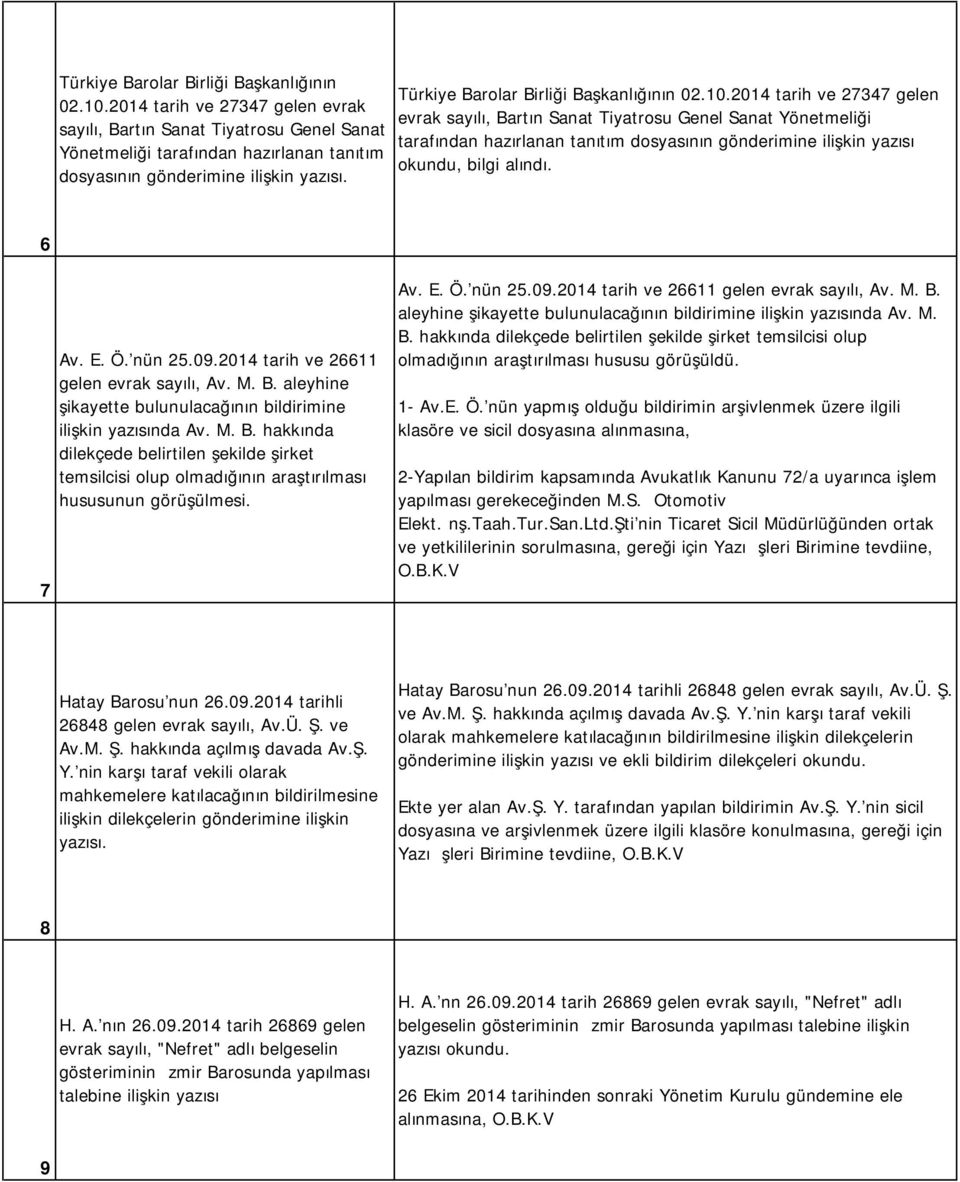 2014 tarih ve 27347 gelen evrak sayılı, Bartın Sanat Tiyatrosu Genel Sanat Yönetmeliği tarafından hazırlanan tanıtım dosyasının gönderimine ilişkin yazısı okundu, bilgi alındı. 6 7 Av. E. Ö.'nün 25.