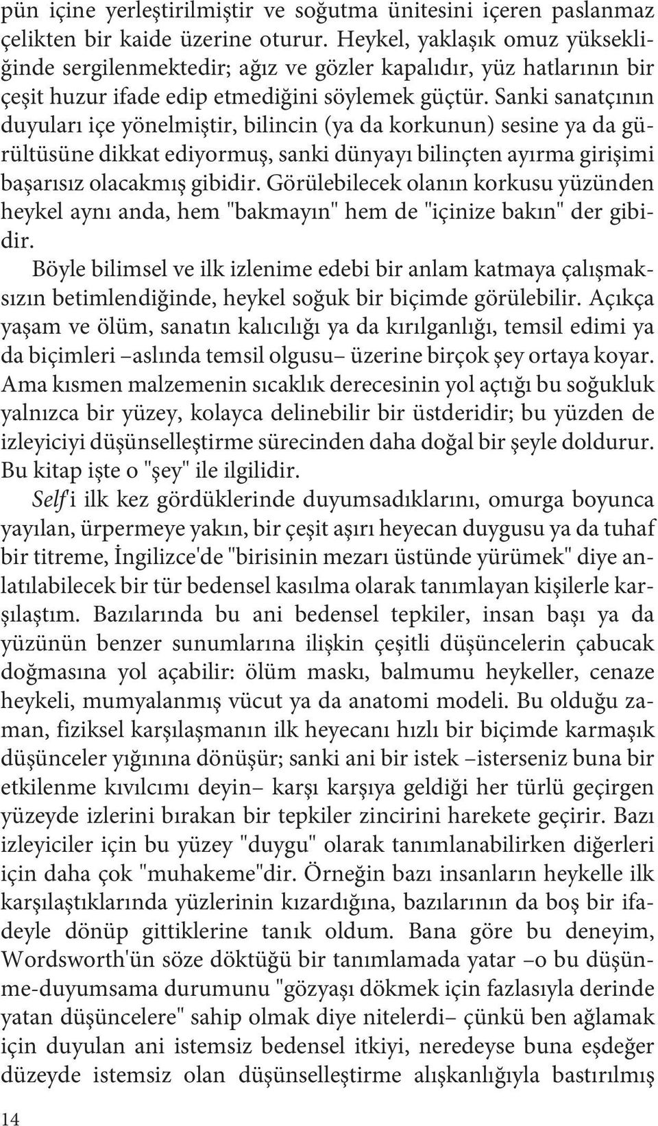 Sanki sanatçının duyuları içe yönelmiştir, bilincin (ya da korkunun) sesine ya da gürültüsüne dikkat ediyormuş, sanki dünyayı bilinçten ayırma girişimi başarısız olacakmış gibidir.