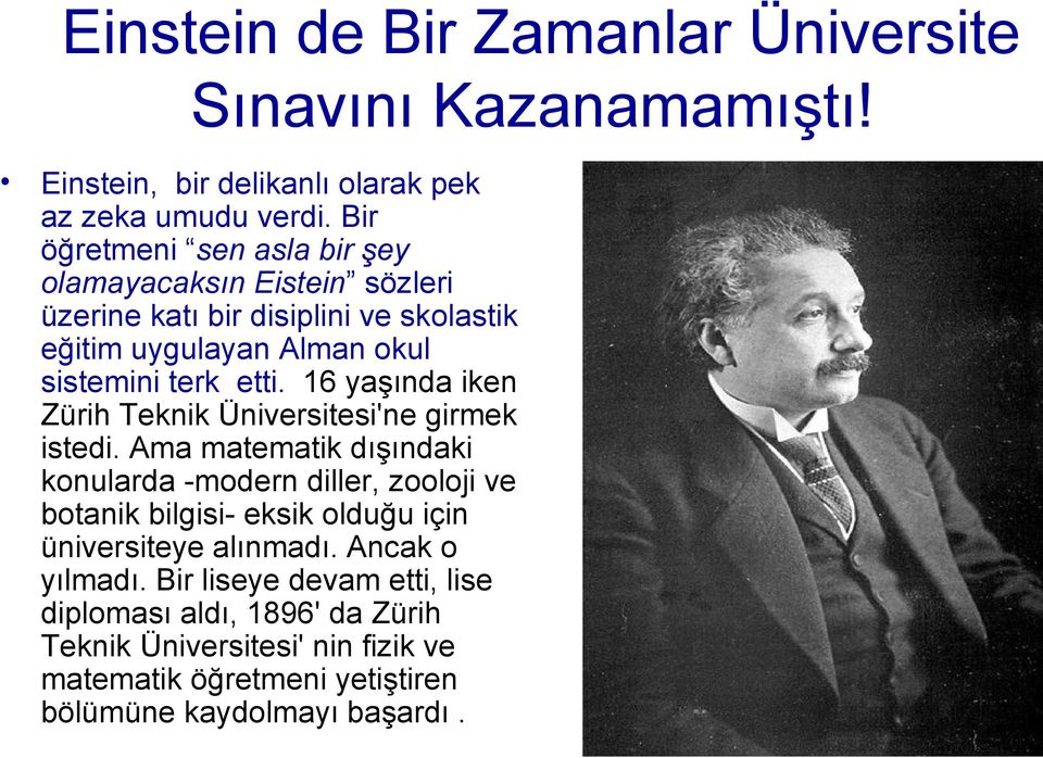 16 yaşında iken Zürih Teknik Üniversitesi'ne girmek istedi.