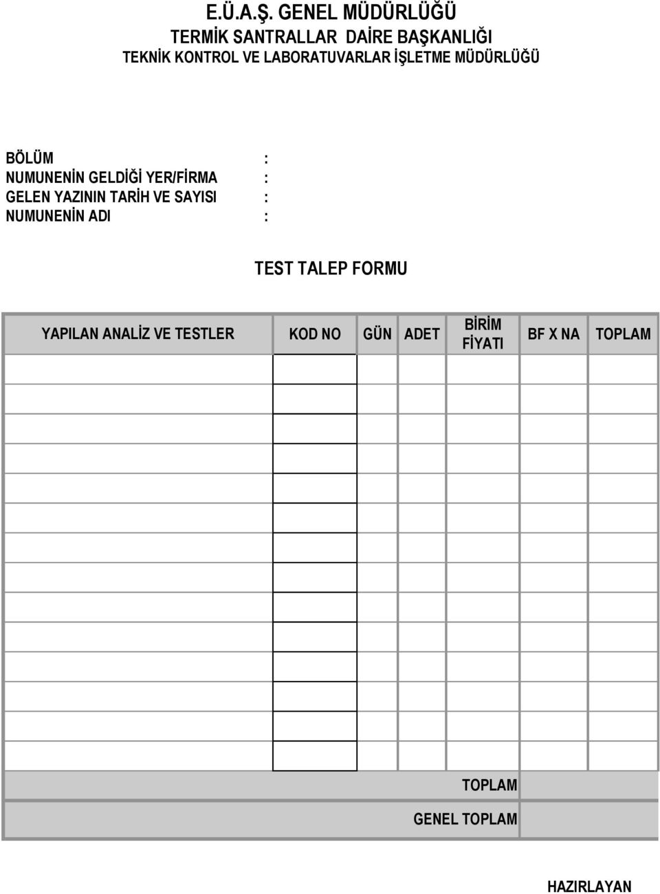 LABORATUVARLAR İŞLETME MÜDÜRLÜĞÜ BÖLÜM : NUMUNENİN GELDİĞİ YER/FİRMA : GELEN