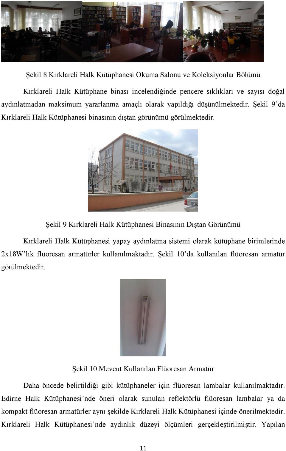 Şekil 9 Kırklareli Halk Kütüphanesi Binasının Dıştan Görünümü Kırklareli Halk Kütüphanesi yapay aydınlatma sistemi olarak kütüphane birimlerinde 2x18W lık flüoresan armatürler kullanılmaktadır.