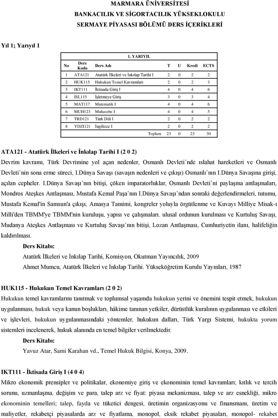 MAT117 Matematik I 4 0 4 6 6 MUH123 Muhasebe I 4 0 4 5 7 TRD121 Türk Dili I 2 0 2 2 8 YDZI121 İngilizce I 2 0 2 2 Toplam 23 0 23 30 ATA121 - Atatürk İlkeleri ve İnkılap Tarihi I (2 0 2) Devrim