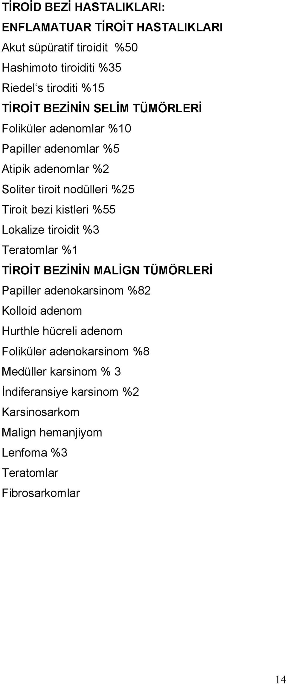 %55 Lokalize tiroidit %3 Teratomlar %1 TİROİT BEZİNİN MALİGN TÜMÖRLERİ Papiller adenokarsinom %82 Kolloid adenom Hurthle hücreli adenom