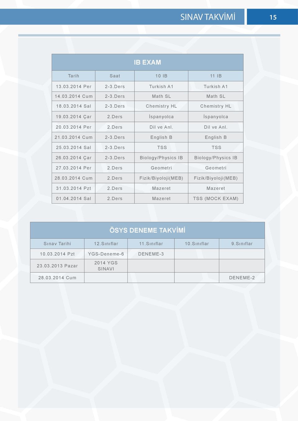 Ders Biology/Physics IB Biology/Physics IB 27.03.2014 Per 2.Ders Geometri Geometri 28.03.2014 Cum 2.Ders Fizik/Biyoloji(MEB) Fizik/Biyoloji(MEB) 31.03.2014 Pzt 2.Ders Mazeret Mazeret 01.04.