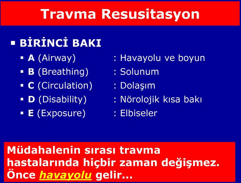 Solunum : Dolaşım : Nörolojik kısa bakı : Elbiseler Müdahalenin