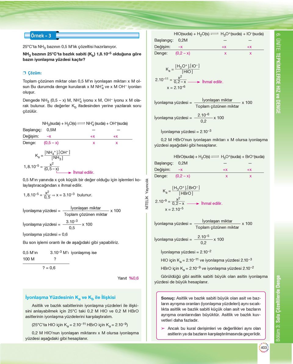 Bu değerler K b ifadesinden yerine yazılarak soru çözülür. NH 3 (suda) + H 2 O(s) m NH + 4 (suda) + OH (suda) Başlangıç: 0,5M Değişim: x +x +x Denge: (0,5 x) x x 6NH + 4 @. 6OH @ Ka = 6NH3@ x2 1810,.