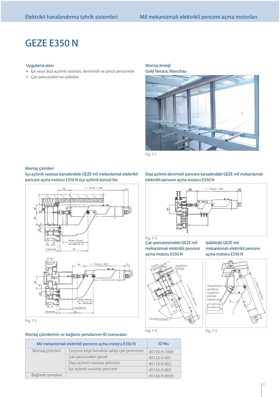 7-1 Montaj çizimleri İçe açılımlı vasistas kanadındaki GEZE mil mekanizmalı elektrikli pencere açma motoru E350 N (içe açılımlı konsol ile) L = Strok + 340 Dışa açılımlı devirmeli pencere kanadındaki