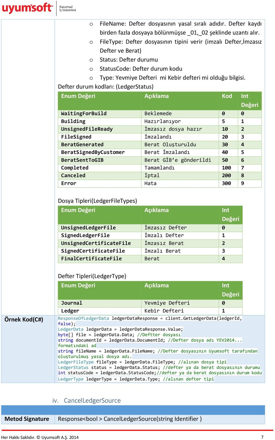 Defter durum kodları: (LedgerStatus) Enum Değeri Açıklama Kod Int Değeri WaitingForBuild Beklemede 0 0 Building Hazırlanıyor 5 1 UnsignedFileReady İmzasız dosya hazır 10 2 FileSigned İmzalandı 20 3