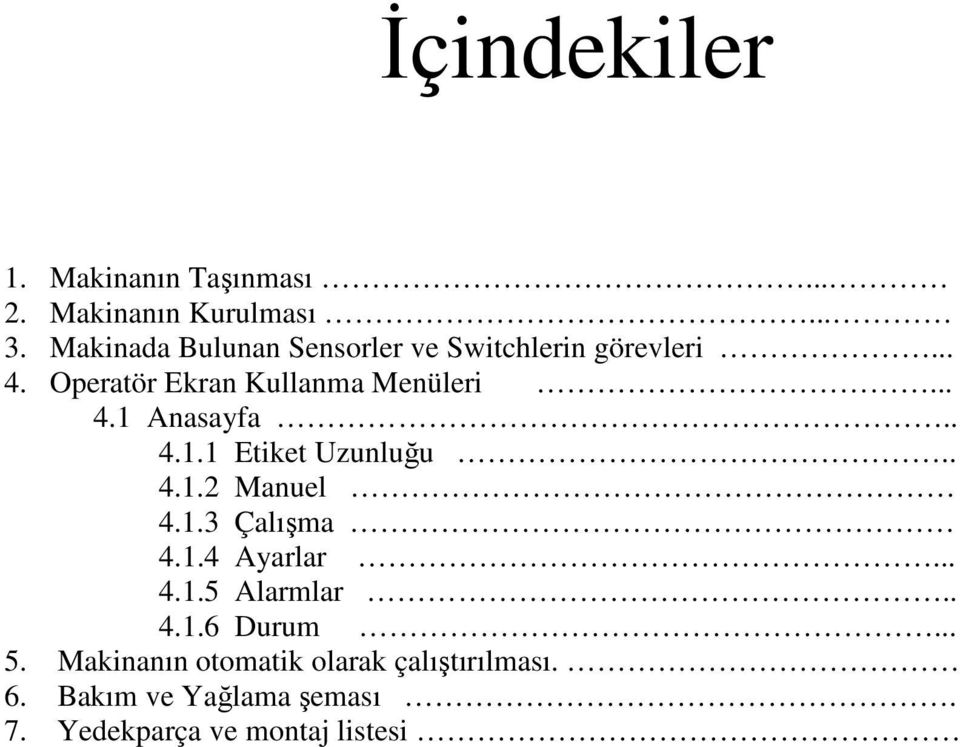 . 4.1.1 Etiket Uzunluğu.. 4.1.2 Manuel 4.1.3 Çalışma 4.1.4 Ayarlar... 4.1.5 Alarmlar.. 4.1.6 Durum.