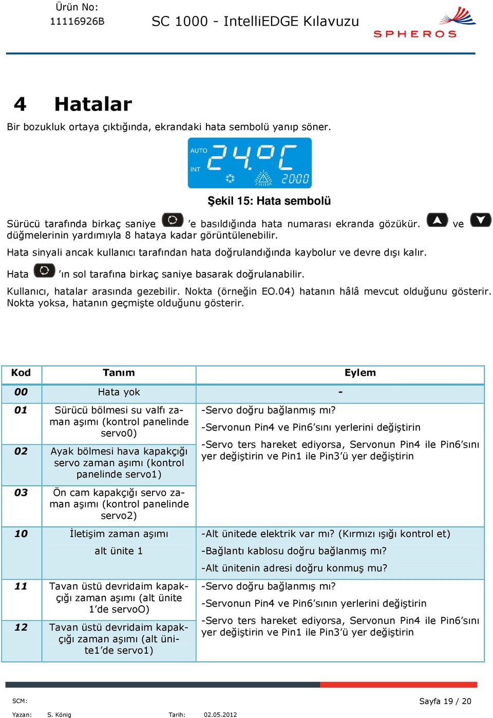 Hata ın sol tarafına birkaç saniye basarak doğrulanabilir. Kullanıcı, hatalar arasında gezebilir. Nokta (örneğin EO.04) hatanın hâlâ mevcut olduğunu gösterir.