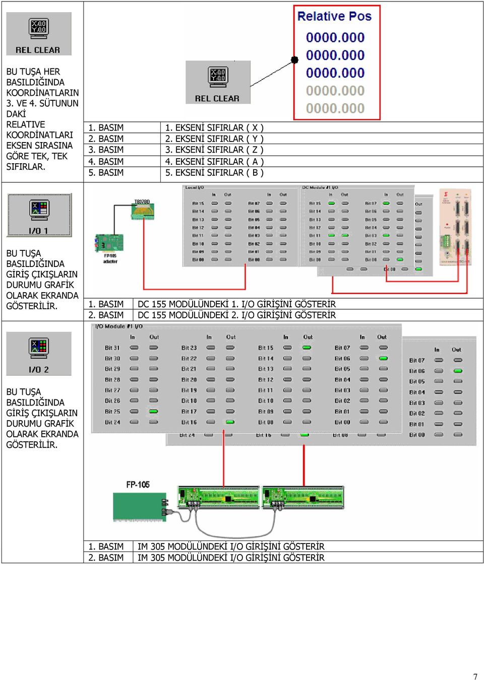 EKSENİ SIFIRLAR ( B ) BU TUŞA GİRİŞ ÇIKIŞLARIN DURUMU GRAFİK OLARAK EKRANDA GÖSTERİLİR. 1. BASIM DC 155 MODÜLÜNDEKİ 1. I/O GİRİŞİNİ GÖSTERİR 2.