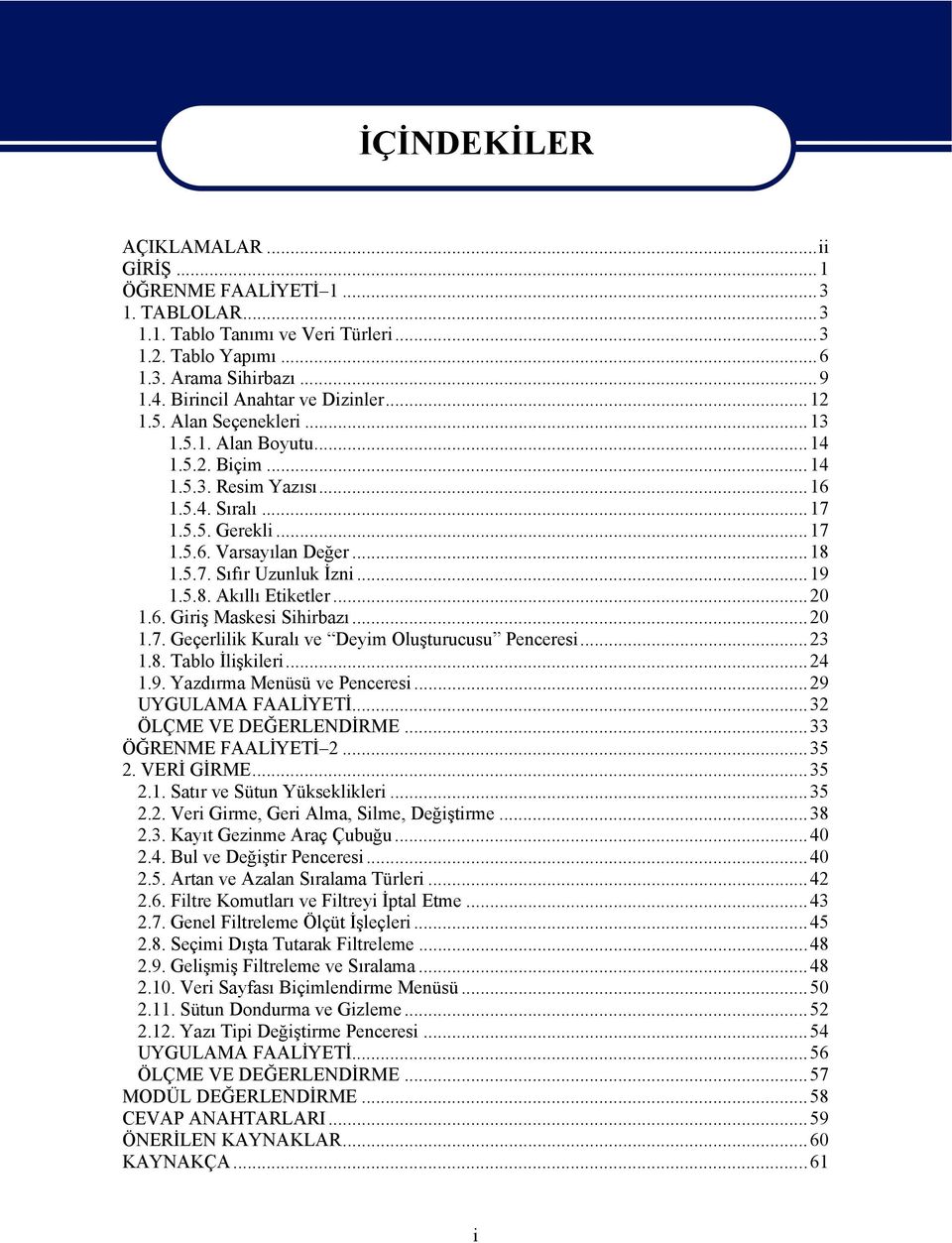 5.8. Akıllı Etiketler...20 1.6. Giriş Maskesi Sihirbazı...20 1.7. Geçerlilik Kuralı ve Deyim Oluşturucusu Penceresi...23 1.8. Tablo İlişkileri...24 1.9. Yazdırma Menüsü ve Penceresi.