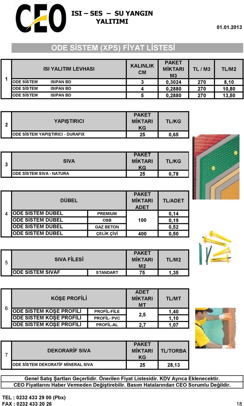 270 13,50 2 YAPIŞTIRICI ODE SİSTEM YAPIŞTIRICI - DURAFIX MİKTARI TL/KG KG 25 0,65 3 SIVA ODE SİSTEM SIVA - NATURA MİKTARI TL/KG KG 25 0,78 4 DÜBEL MİKTARI TL/ADET ADET ODE SİSTEM DÜBEL PREMIUM 0,14