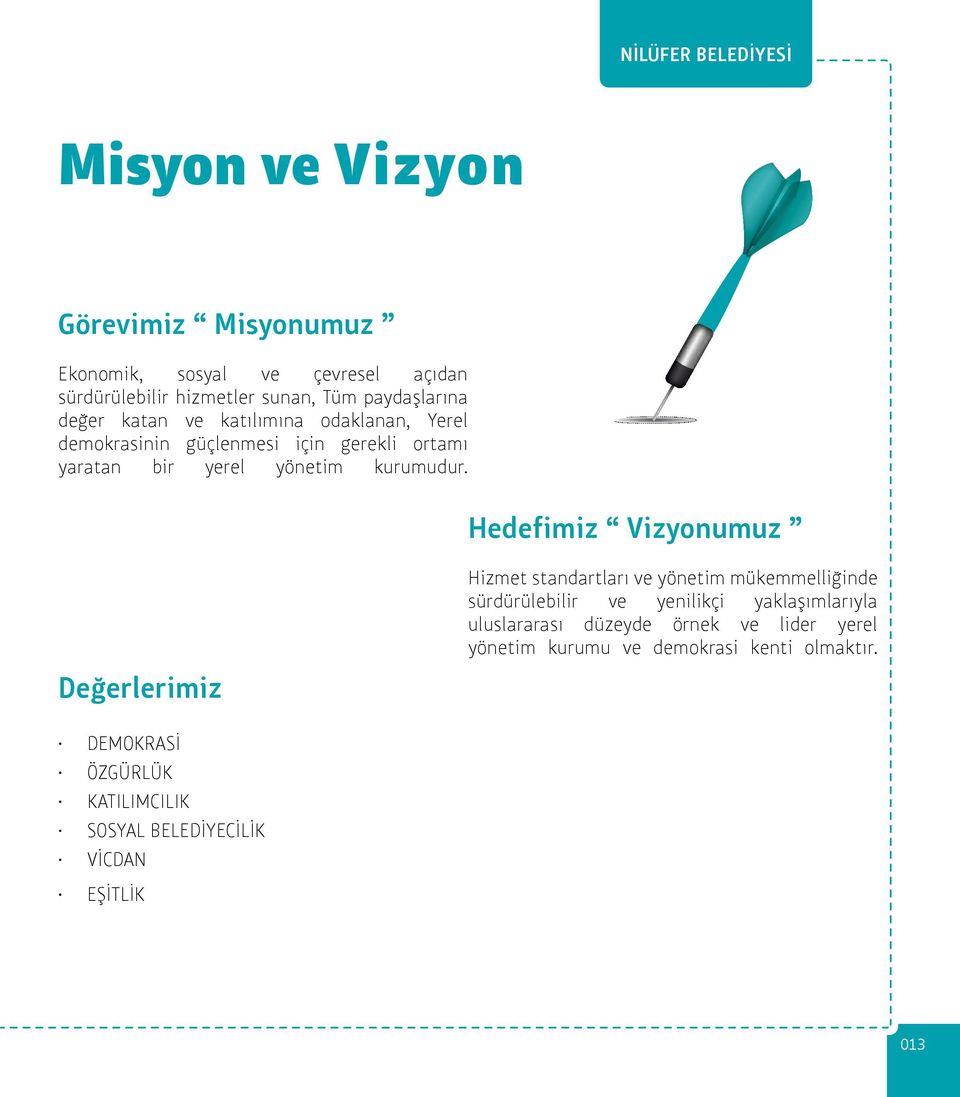 Hedefimiz Vizyonumuz Değerlerimiz Hizmet standartları ve yönetim mükemmelliğinde sürdürülebilir ve yenilikçi yaklaşımlarıyla